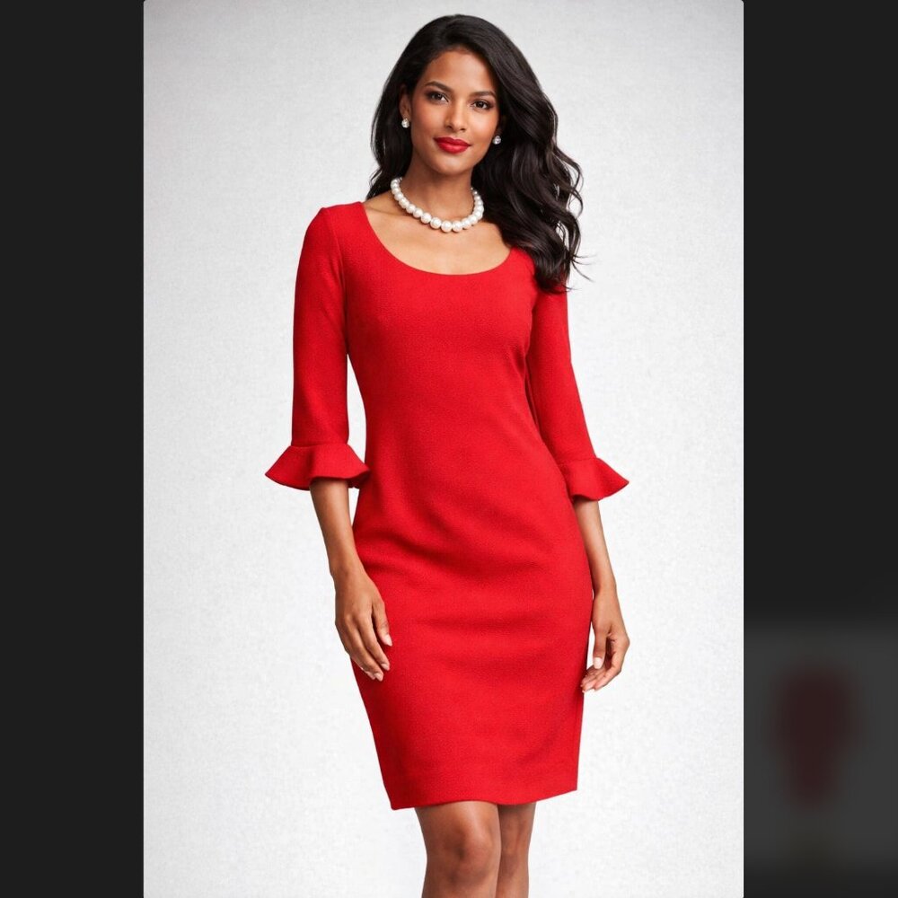 Ann Taylor Red Crepe Dress 6 Ruffle Bell Sleeve Lined Cocktail Party Holiday NWT
